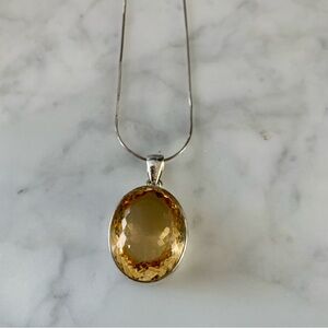 Large Faceted Citrine Oval Pendant Necklace Sterling Silver Bezel Set 20”
